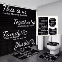 Family Letter Pattern Bathroom Decorative Accessories, 4 Counts/set Including Shower Curtain & Toilet Mat & Bath Mat & Toilet...