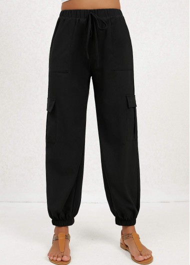 Modlily Black Double Side Pockets Jogger Elastic Waist Pants - XL
