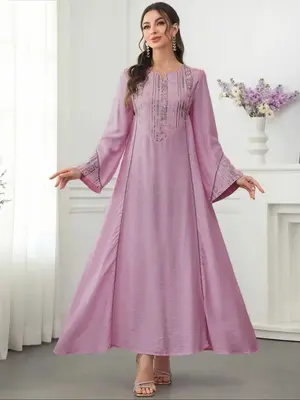 Women's Muslim Abaya Dress, Elegant Loose-Fit Woven Fabric, All-Season Islamic Clothing, Dubai Style, High-Quality Material