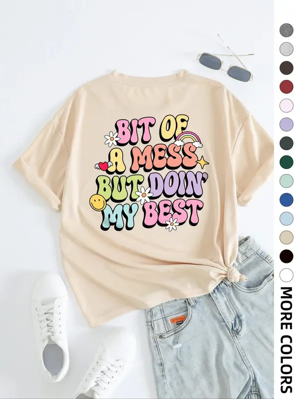 Women's Letter Graphic Drop Shoulder Tee, Summer Clothes Women, Casual Short Sleeve T-Shirt, Women Tops for Summer