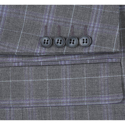 Classic Fit Men's Two-Button Suit - Dark Grey & Lavender Windowpane Plaid