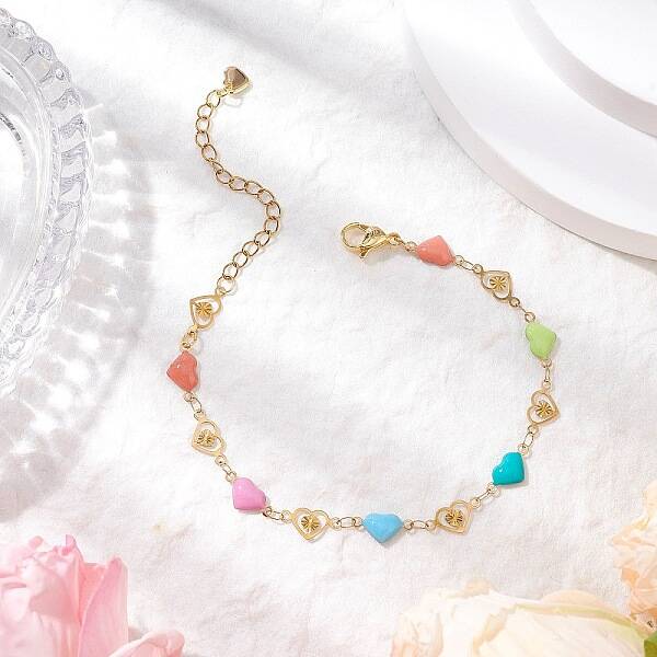 304 Stainless Steel Heart Link Bracelets with Enamel
