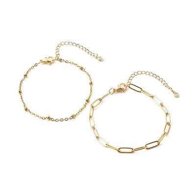 304 Stainless Steel Paperclip & Satellite Chains Bracelet Set