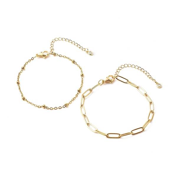 304 Stainless Steel Paperclip & Satellite Chains Bracelet Set