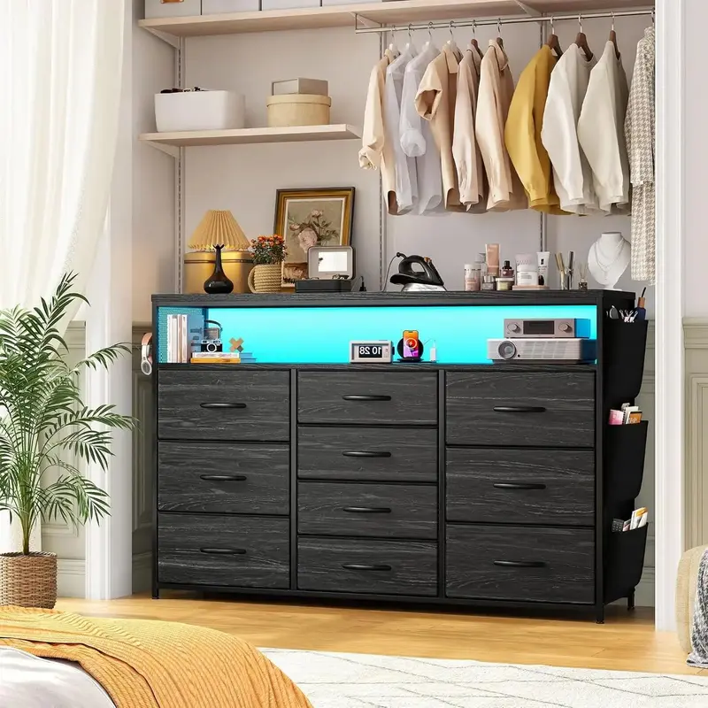 Raybee Furniture Dresser TV Stand with 10 Drawers, LED Lights & Power Outlets Wide Dresser for Bedroom with Shelves & Side Po...