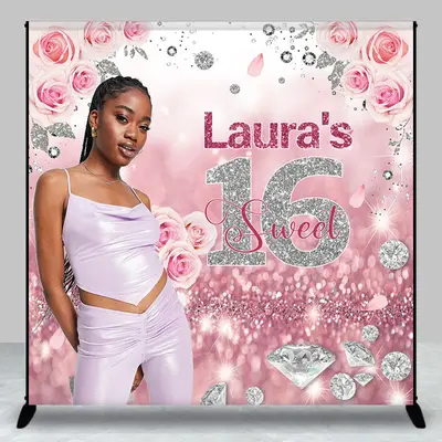 Aperturee Rose Gold Silver Floral Custom Sweet 16 Backdrop - Aperturee