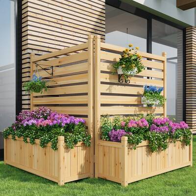 Garvee 33x40 Inch Outdoor Wood Privacy Fence Panels with Planter Box, Sturdy Freestanding Design, Weather-Resistant, 2-Panel ...