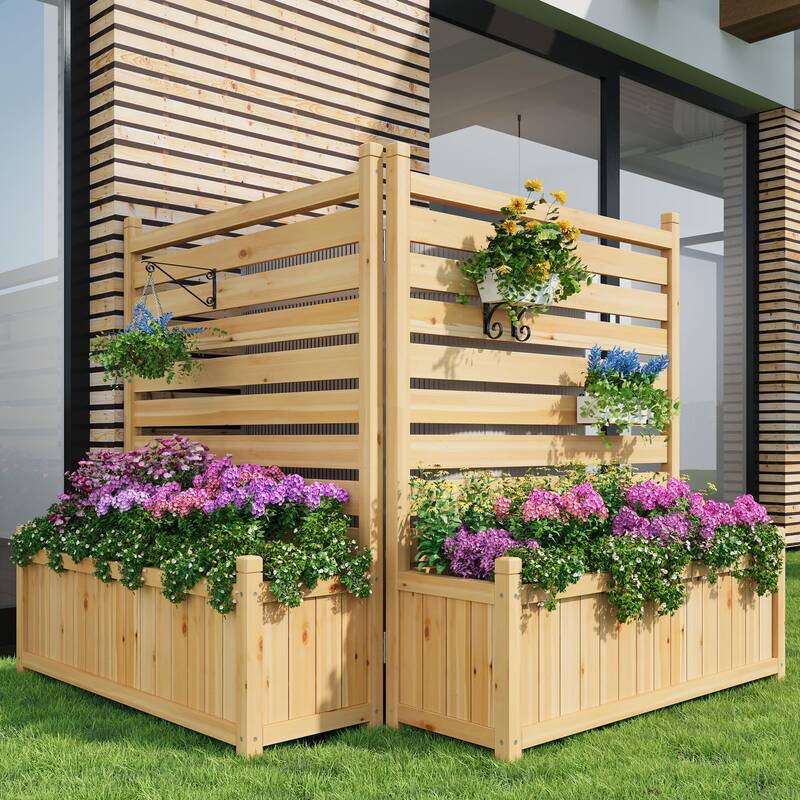 Garvee 33x40 Inch Outdoor Wood Privacy Fence Panels with Planter Box, Sturdy Freestanding Design, Weather-Resistant, 2-Panel ...