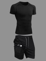 2 Piece Set Men's Solid Round Neck Raglan Sleeve Tee & 2 in 1 Drawstring Shorts Tracksuit Set, Crew Neck Short Sleeve T-shirt...