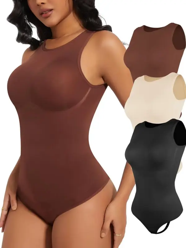 Women's Round Neck Tank Shapewear Bodysuit, Casual Tummy Control One-piece Bodysuit, Fall Outfits, Women's Shapewear Bodysuit