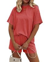 Women's Solid Color Textured Tee & Shorts Loungewear Two-piece Set, Casual Comfy Round Neck Short Sleeve T-shirt & Shorts Pj ...