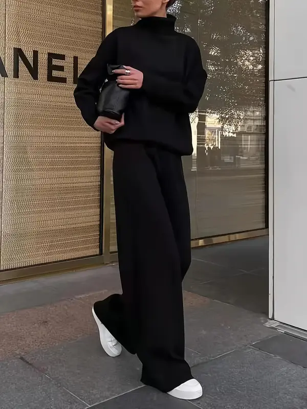 Women's Solid Turtleneck Tops & Wide Leg Pants Set, Casual Fashionable Cozy Long Sleeve Top & Trousers for Daily Casual Occas...