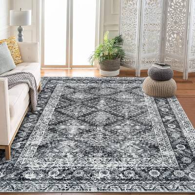Garvee 9'x12' Washable Area Rugs, Vintage Boho Non-Slip Low Pile Rug for Living Room, Office, Kids Room, Gray