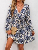 Women's All Over Floral Print Belted V Neck Dress, Elegant Bishop Sleeve Dress for Spring & Fall, Women's Clothing for Daily ...