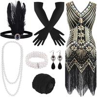 1920s V Neck Sequin Beaded Fringed Dress with 20s Accessories Set Costume Party