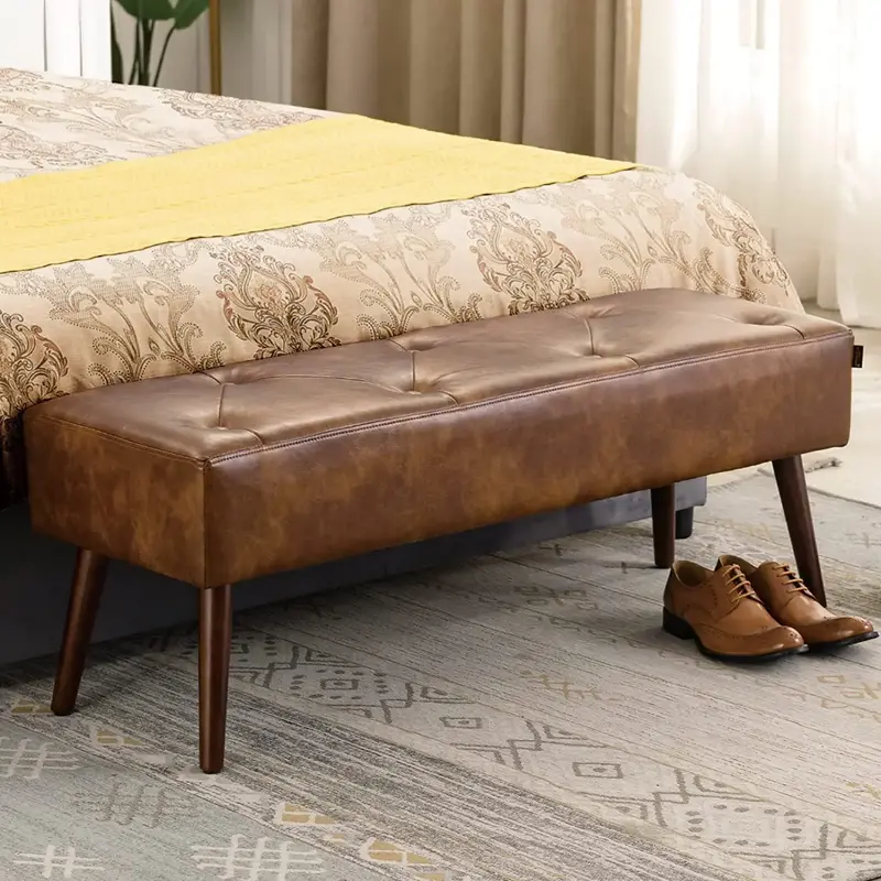 Furnimart Faux Leather Bench Ottoman, Tufted Button Bedroom Benches Solid Wood Legs, Dining Bench, Indoor Entryway Living Roo...