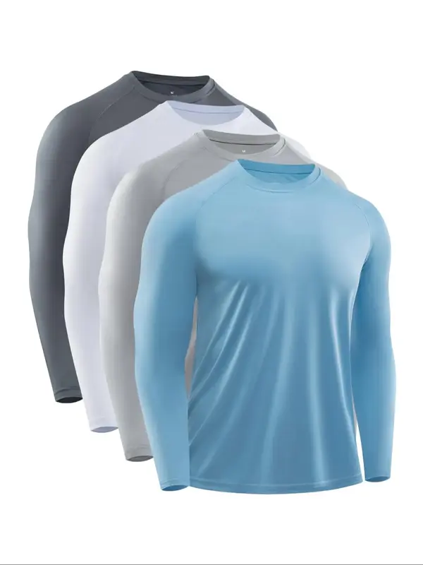 Men's 4pcs Solid Round Neck Sports Tee, Breathable Quick Drying Lightweight Long Sleeve T-shirt, Casual Sporty Top for Outdoo...