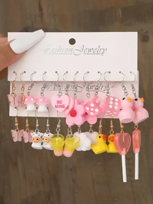 12 Pairs/set Cute Heart & Flower & Cartoon Duck & Butterfly & Cow & Heart & Mushroom & Dice & Drink & Lollipop Design Dangle ...
