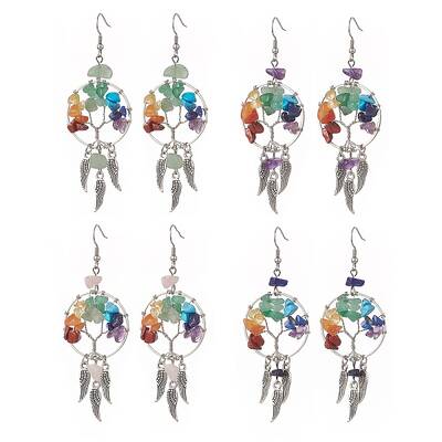 Natural & Synthetic Mixed Gemstone Chips Tree of Life with Alloy Feather Chandelier Earrings