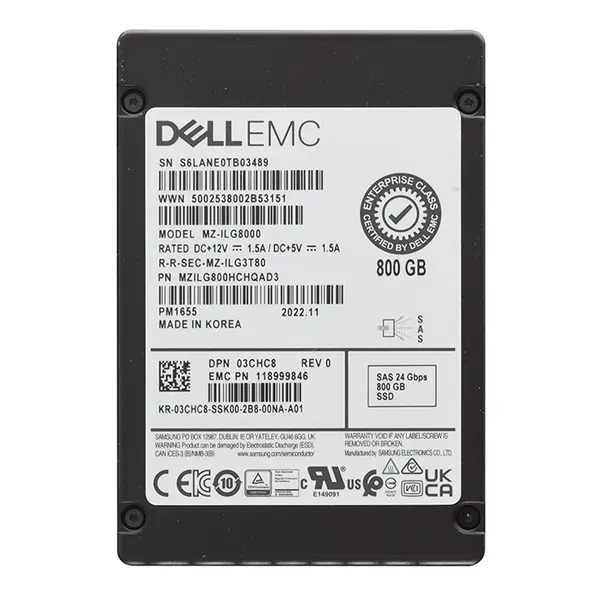 Dell 3CHC8 | 800GB 2.5-inch 24GB/s SAS Mixed-Use (512e) Hot-Pluggable Solid State Drive for PowerEdge G14 - G16 Servers and S...