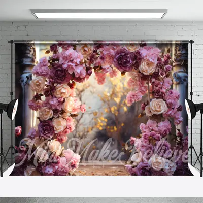 Purple Pink Rose Arch Door Bokeh Flower Backdrop - Aperturee