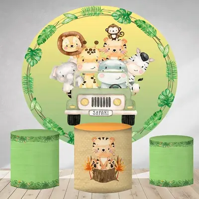 Aperturee Safari Car And Forest Animals Round Birthday Backdrop Kit | Round Backdrop Fabric Cover | Circle Party Backdrop | B...