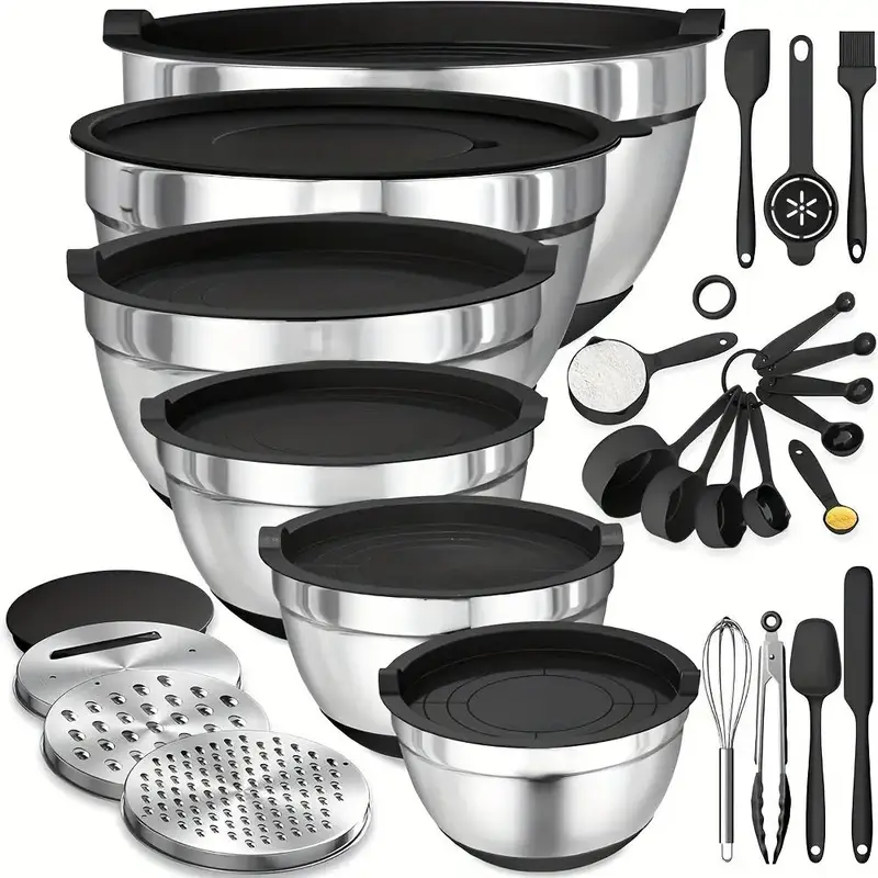 Stainless Steel Mixing Bowl Set, 18pcs/set Utensils Including Mixing Bowls & Sealing Lids & Grater Attachment & Other Accesso...