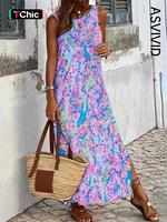 Women's All Over Print Backless Split Tank Dress, Casual Boho Sleeveless Round Neck Long Dress for Beach Holiday Vacation, La...