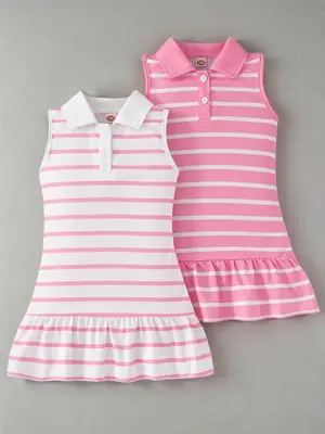Girl's Striped Print Collared Dress, Casual Sleeveless Knit Dress for Summer, Kids Clothes for Daily Wear, Girl Clothes, Stri...