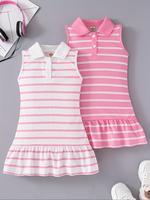 Girl's Striped Print Collared Dress, Casual Sleeveless Knit Dress for Summer, Kids Clothes for Daily Wear, Girl Clothes, Stri...