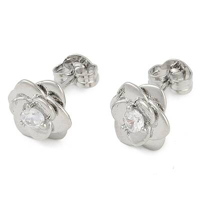 Rack Plating Flower Brass Pave Clear Cubic Zirconia Stud Earrings for Women