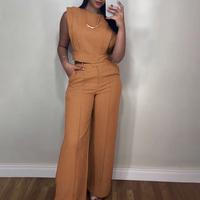ChicMe Women's 2 Pieces Round Neck Cap Sleeve Crop Top and Casual Pocket Design Straight Pants Set