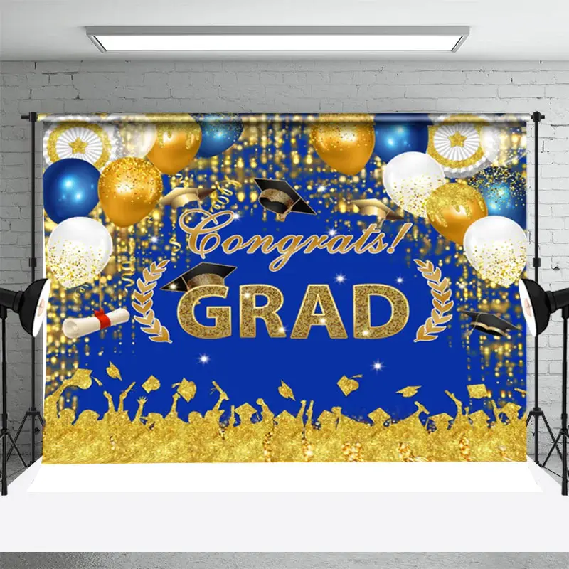 Gold Shadow Blue Sparkle Balloon Graduation Backdrop - Aperturee