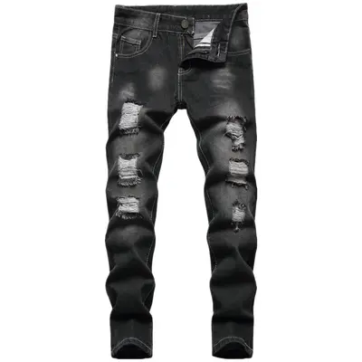 ​​Solid Color Distressed Boy's Skinny Jeans - Fashion Ripped Destroyed Washed Denim Pants​​