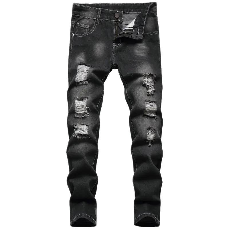 ​​Solid Color Distressed Boy's Skinny Jeans - Fashion Ripped Destroyed Washed Denim Pants​​