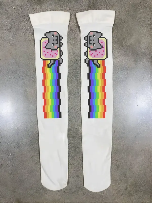 Cute Lightweight Rainbow Cat Print Sheer Socks for Women, Summer Thin Sexy Stockings, Unique Design, Comfortable & Stylish Fo...