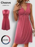 Women's Plain Twist Ruched Deep V Neck Tank Dress, Fit Minimalist Casual Sleeveless A Line Short Dress for Daily Outdoor Wear...