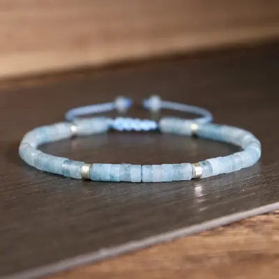 Natural Aquamarine Stone Bracelet Healing Crystal Barrel Gemstone Braided Dainty Bracelet Handmade Minimalist Style for Daily...