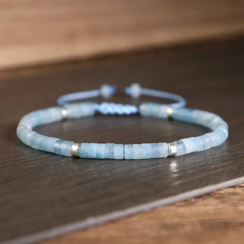 Natural Aquamarine Stone Bracelet Healing Crystal Barrel Gemstone Braided Dainty Bracelet Handmade Minimalist Style for Daily...