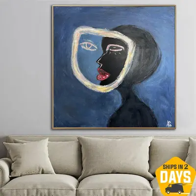 Abstract Female Face Original Painting on Canvas Creative Woman Face Colorful Dark Blue Artwork for Room Decor | SPLIT 60&quo...