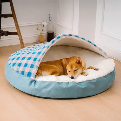 Plush Dog Nest Cat Bed Plush Dog Universal | Color: Blue And White Plaid | Size: M