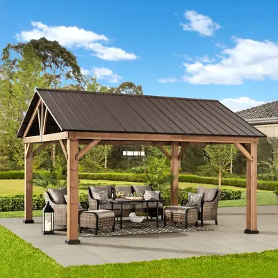 SUNJOY 13x15 Gable Roof Gazebo with Ceiling Hook - Brown