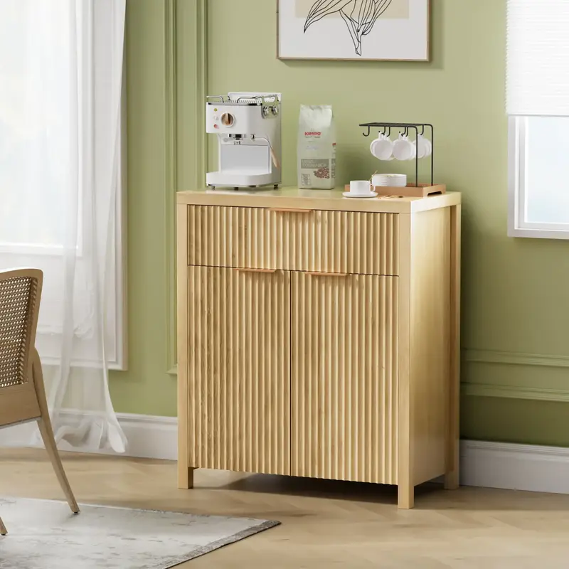 【FallDealsForYou】AOWOS Fluted Sideboard Buffet, Wooden Storage Cabinet with Adjustable Shelves, Freestanding Kitchen Pant...