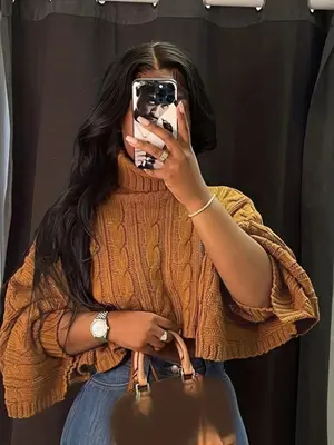 Women's Textured Split Sleeve Turtle Neck Cropped Sweater, Casual Solid Color High Neck Long Sleeve Jumper, Women's Knit Clot...