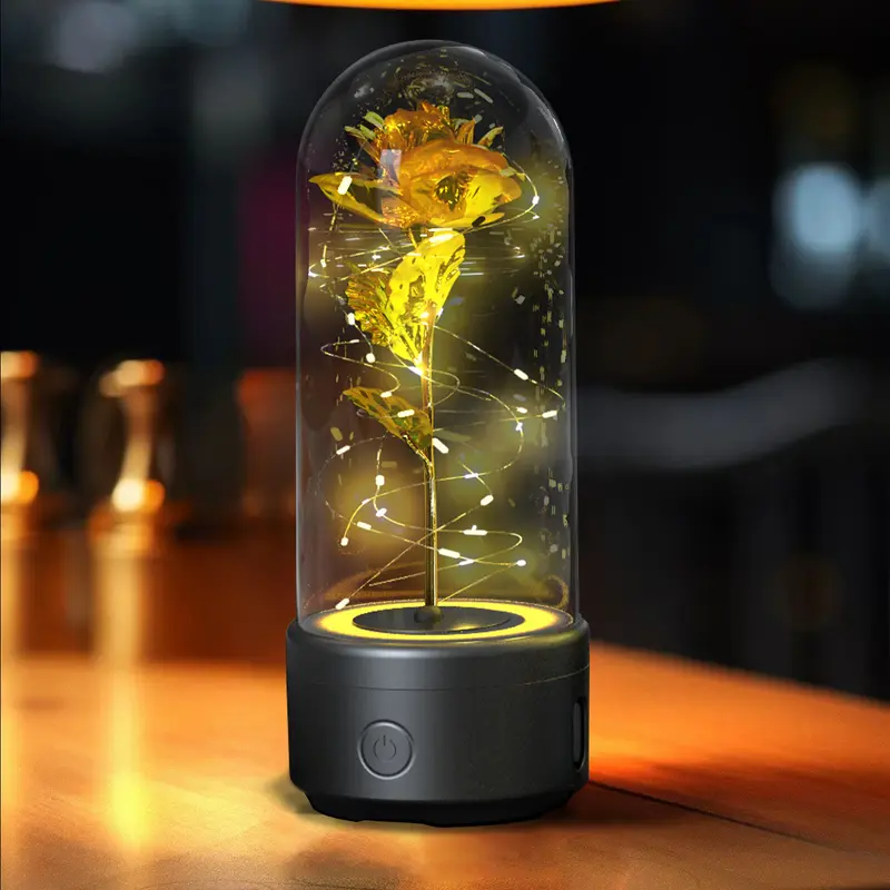 2-in-1 Rose Flowers LED Light & Bluetooth Speaker | Color: Black Base Gold Flower