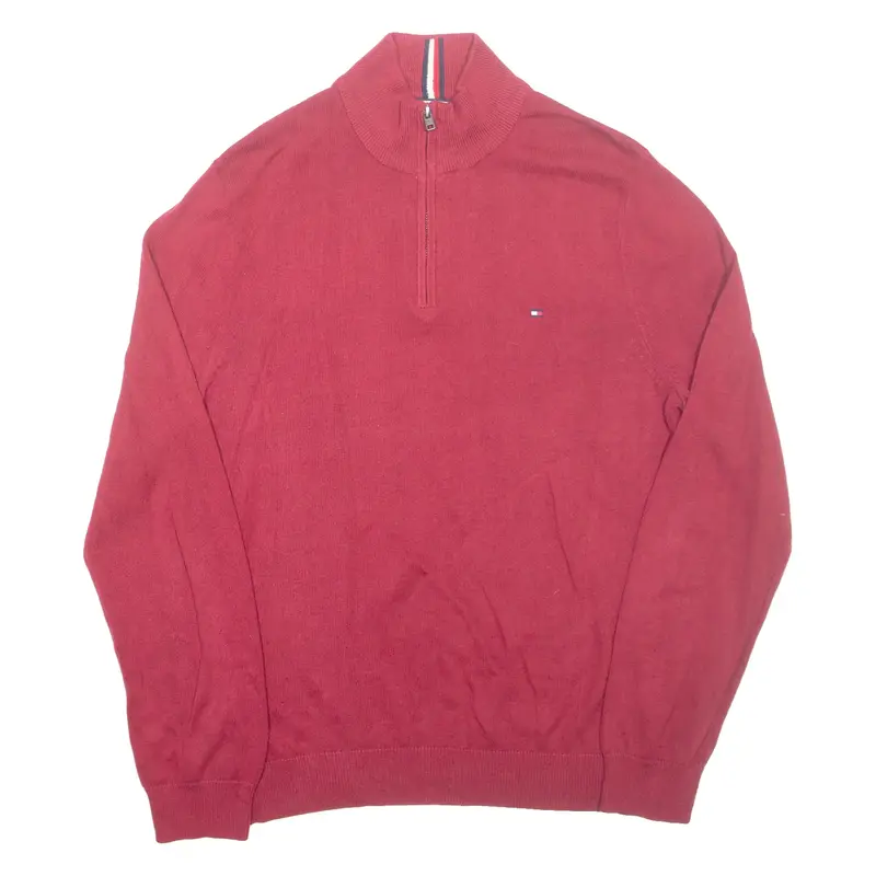 TOMMY HILFIGER Mens Jumper Maroon 1/4 Zip Tight Knit L