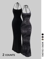Women's Leopard Print Cami Mermaid Dress & Solid Color Sleeveless Cami Dress Set, Sexy Fashion Casual Two-piece Outfits for P...