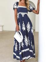 Women's Pocket Square Neck Dress, Bohemian Fashion Casual Short Sleeve Long Dress for Daily Holiday Vacation Wear, Ladies D...