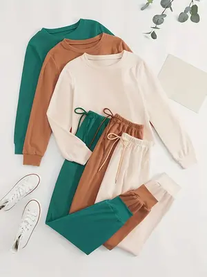 Women's Solid Color Long Sleeve Tee & Tie FrontĀ Elastic Waist Pants Loungewear Set, Casual Comfy Round Neck Top & Trousers P...