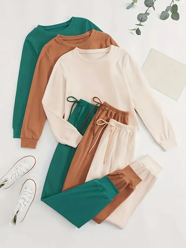 Women's Solid Color Long Sleeve Tee & Tie Front Elastic Waist Pants Loungewear Set, Casual Comfy Round Neck Top & Trousers P...